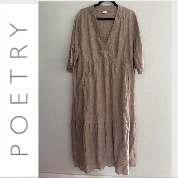 Poetry 100% Linen Women Maxi Dress Size 14 beige pockets lagenlook - Picture 1 of 6